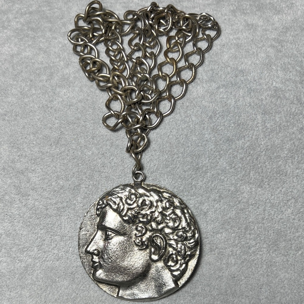 70s Large Greek Coin Silver Tone Necklace Vintage Roman